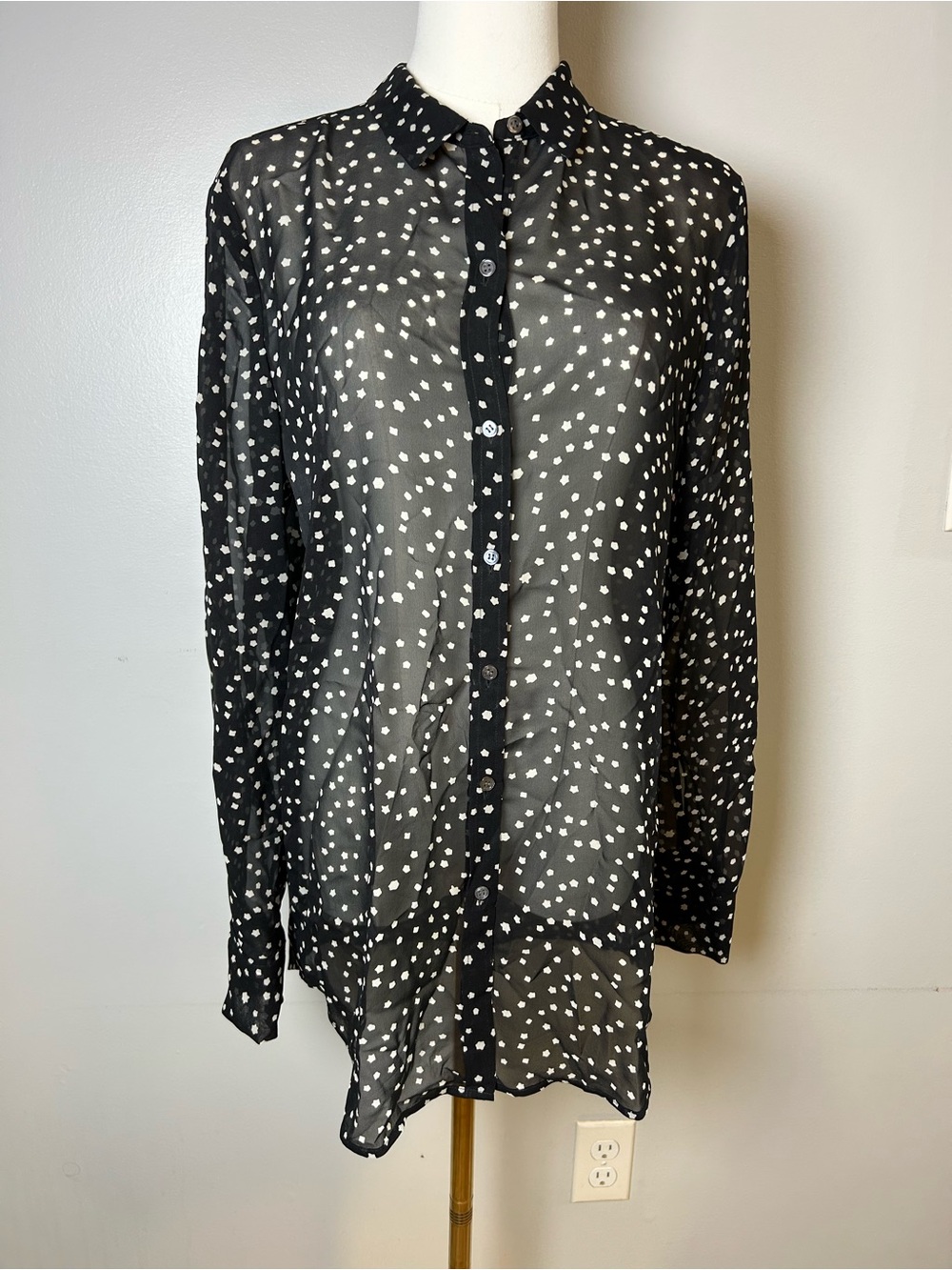 Theory 100% silk black white abstract print Button-Down sheer blouse size L